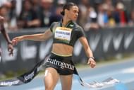 Sydney McLaughlin-Levrone crosses the finish line to win the women's 200 meter dash during the 2024 USATF Los Angeles Grand Prix at UCLA's Drake Stadium in Los Angeles, California. (Photo: Getty Images)